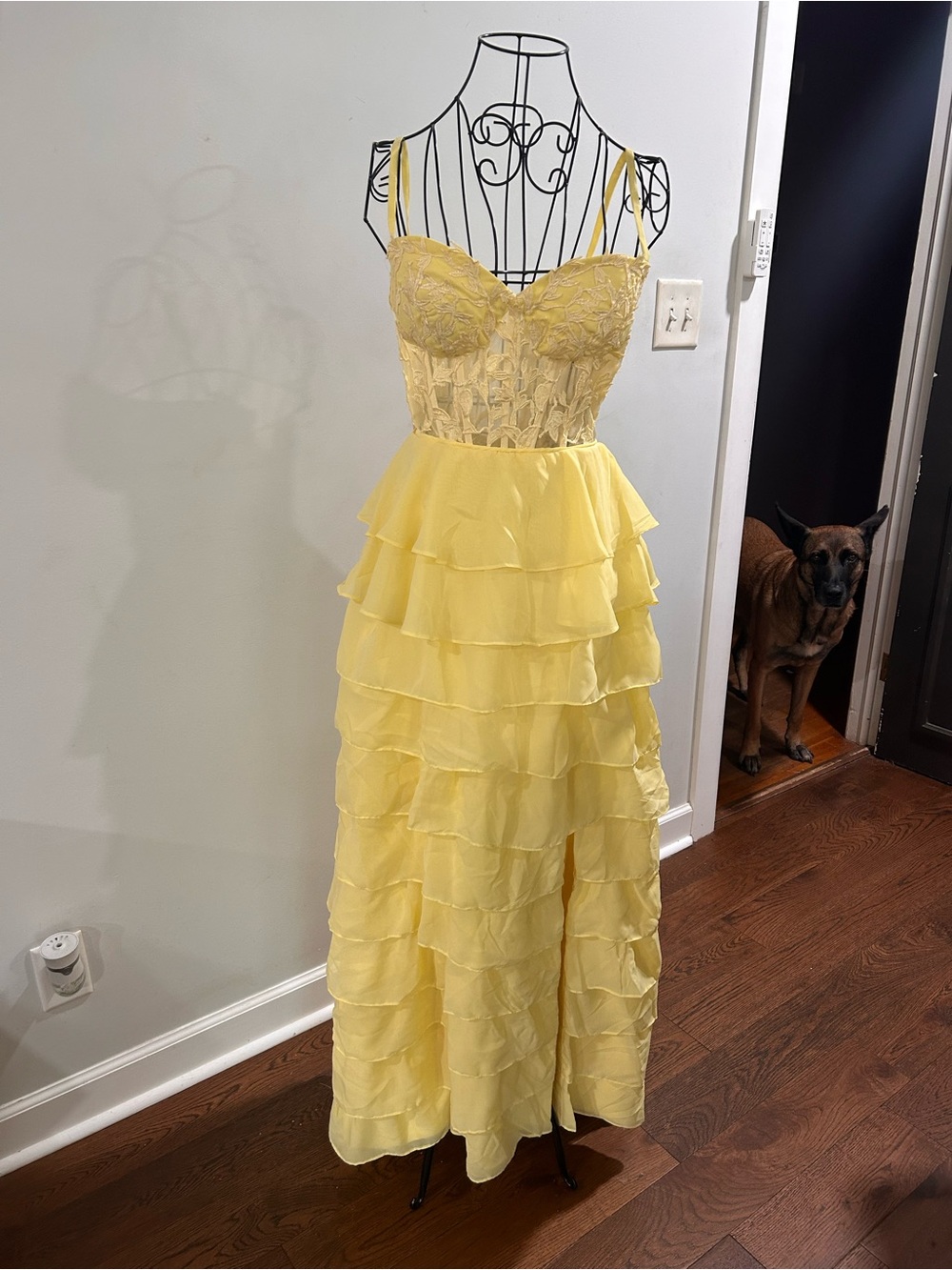 Yellow Lace Bustier Ruffled Tiered Maxi Dress